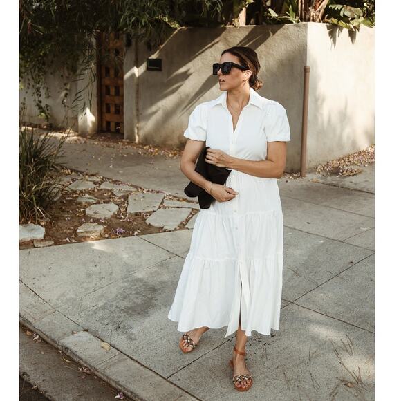 Brochu Walker Havana Midi Dress White Tiered Button Front Puff Sleeve Sz M - Picture 4 of 11